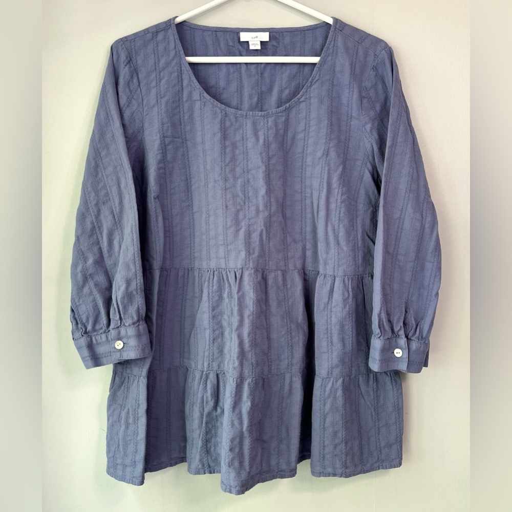 J.Jill Women’s 100% Cotton Tierd 3/4 Sleeve Textured Blouse Blue Top Size Medium